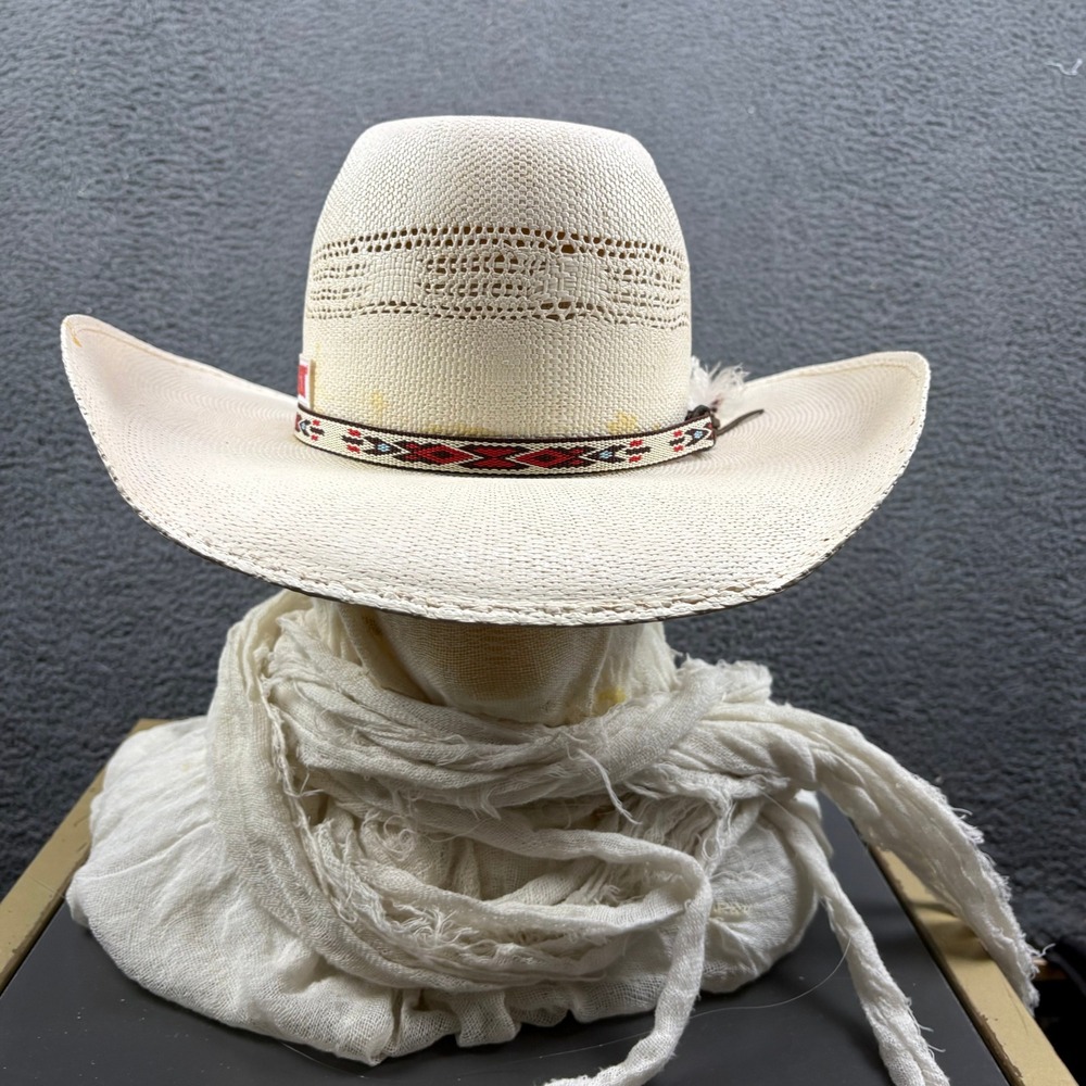 Resistol Tuff Hedeman 4X Straw Cowboy Hat 7 1/2 White Bull Riding Boot Barn Band